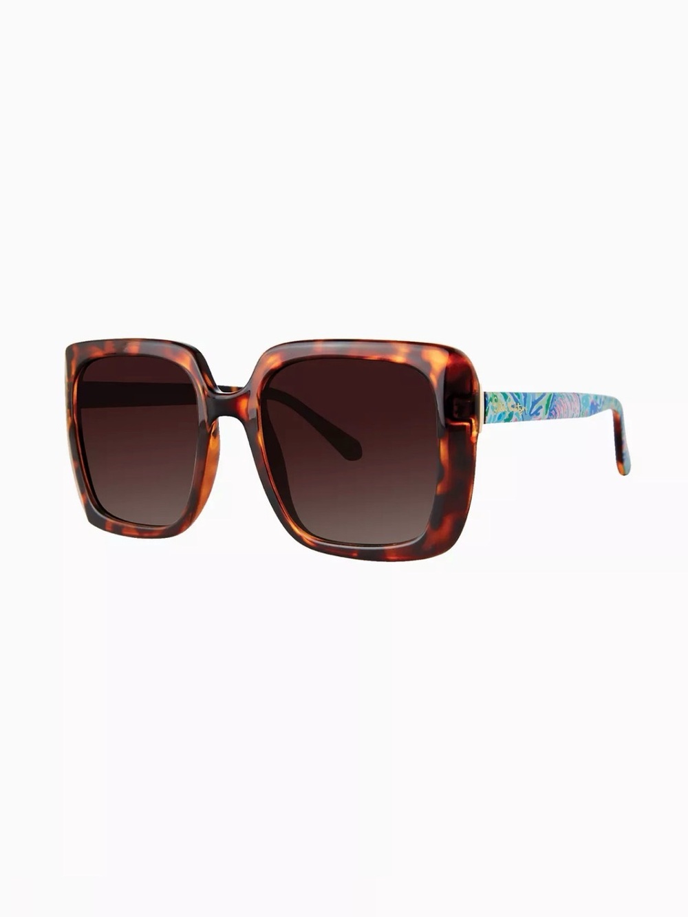 Lilly Pulitzer Clearwater Tortoise Square Sunglasses, Blue Floral Print Sides